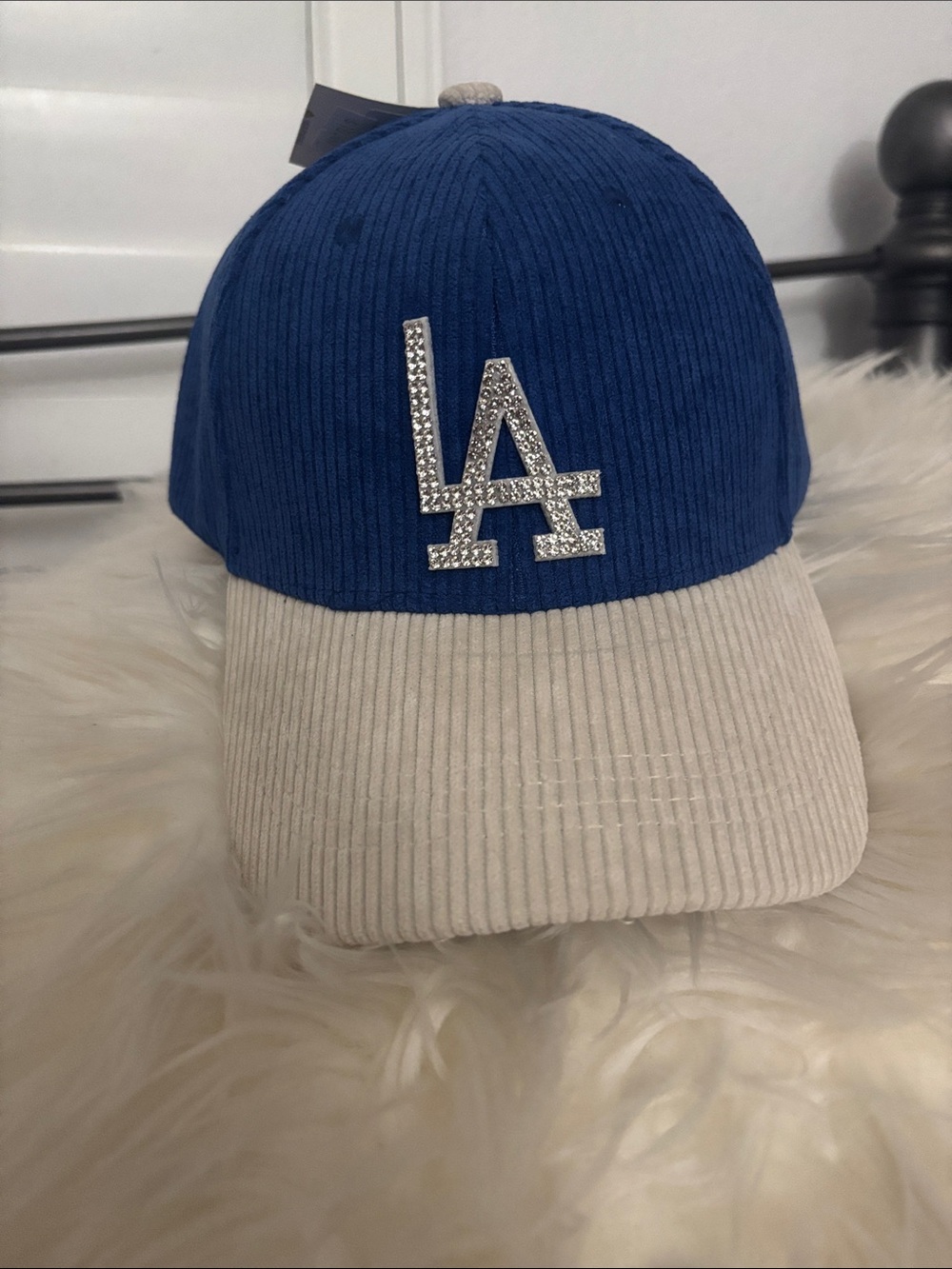 Woman’s brand nee Blue and Cream LA Baseball Cap with Rhinestone Logo